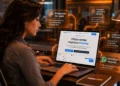 mulher com notebook e metricas de crm integrado com IA