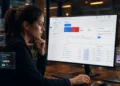 mulher com notebook aberto, analisando meta do google ads, em ambiente integrado com IA