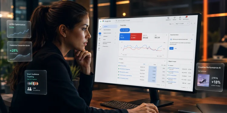 mulher com notebook aberto, analisando meta do google ads, em ambiente integrado com IA