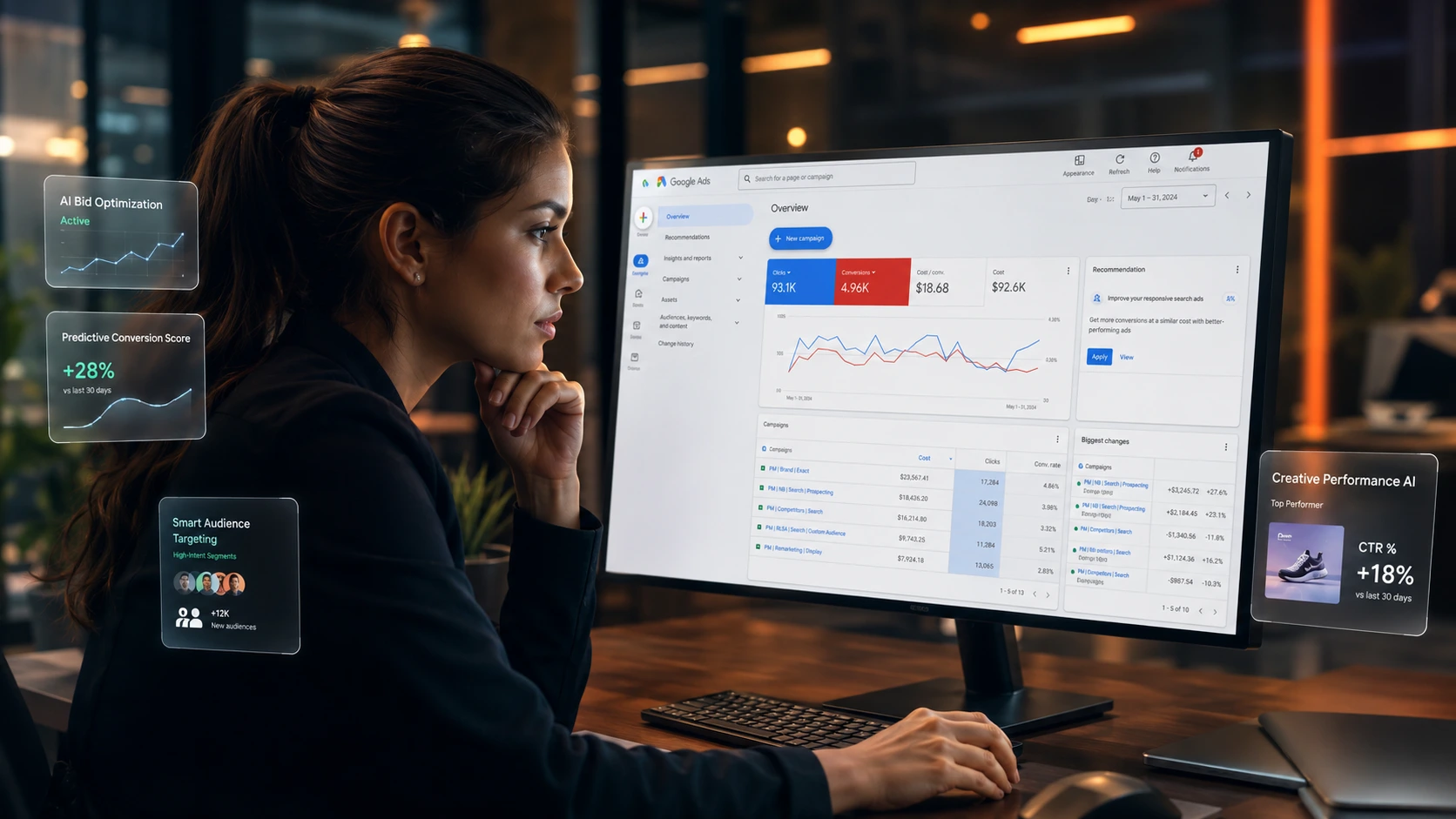 mulher com notebook aberto, analisando meta do google ads, em ambiente integrado com IA
