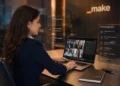 Mulher em reunião pelo notebook, com elementos tech ao redor