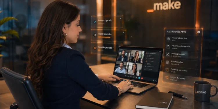 Mulher em reunião pelo notebook, com elementos tech ao redor