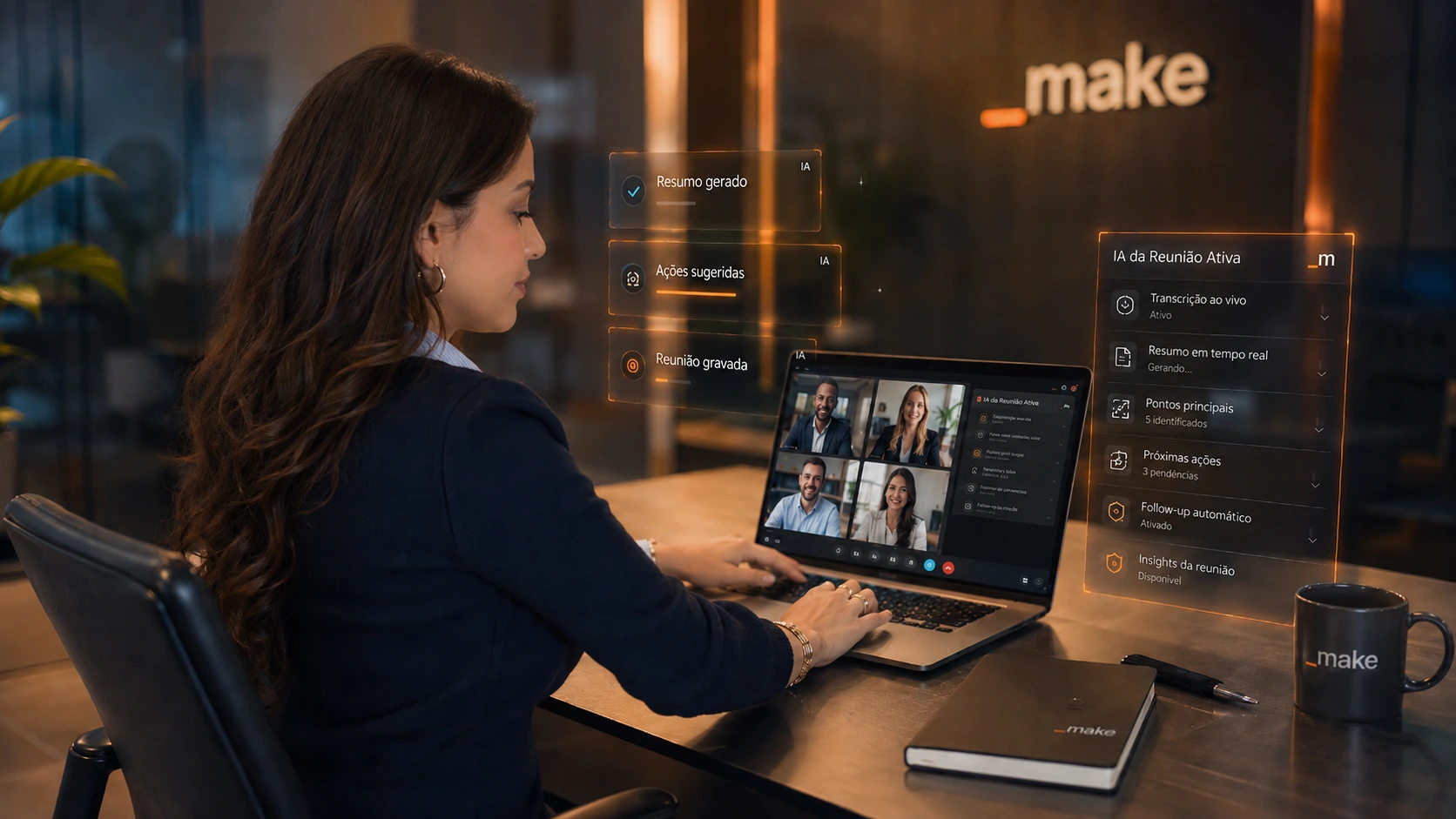 Mulher em reunião pelo notebook, com elementos tech ao redor