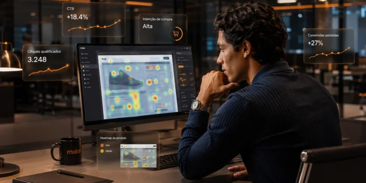 homem analisando mapa de calor na tela do notebook.