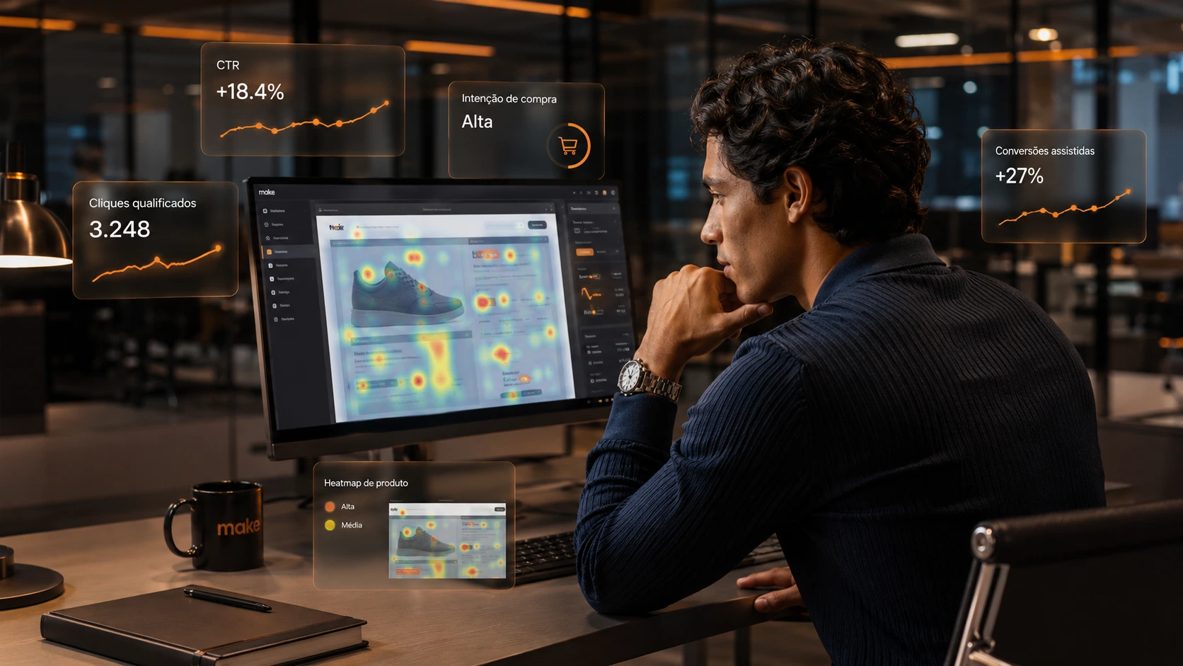 homem analisando mapa de calor na tela do notebook.